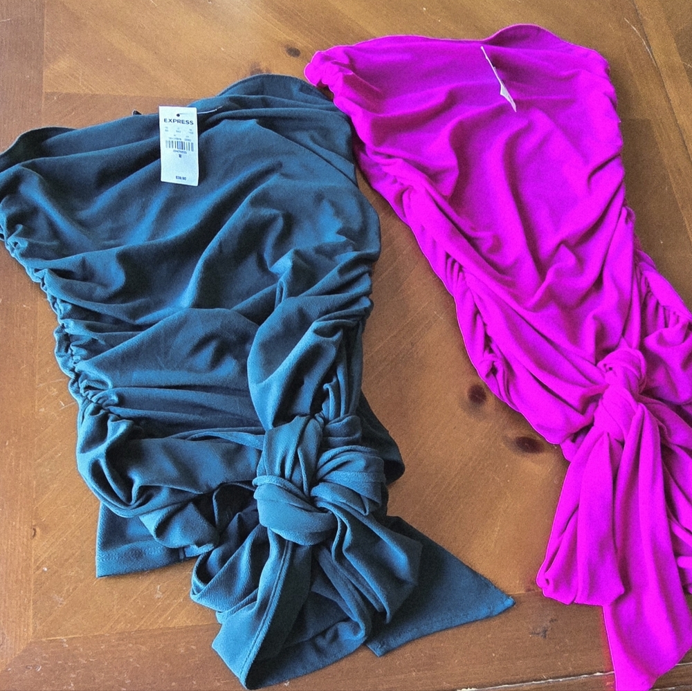 ❤💋 Express Duo NWT Emerald Teal& Fuschia Ruched Tops,M & S.Fun Loop Tie @Waist - Picture 8 of 8